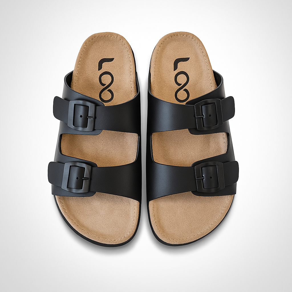 Loox classic black slippers with double straps, front view showing round toe and rexine upper material