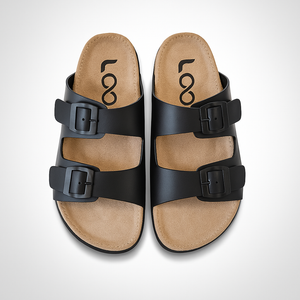 Loox classic black slippers with double straps, front view showing round toe and rexine upper material